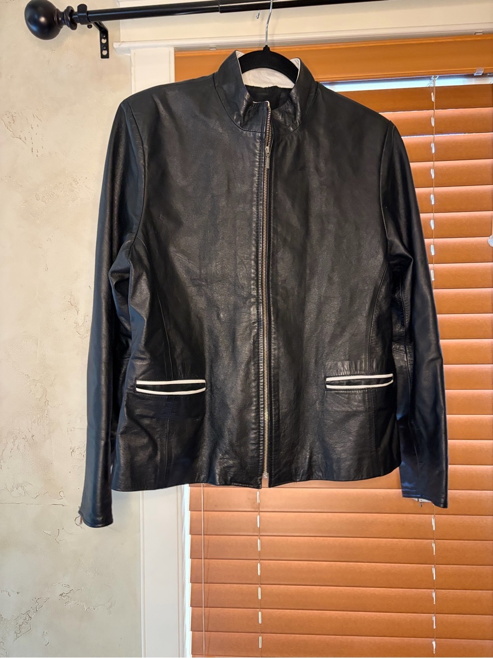 Black Zip-Front Leather Jacket with White Trim